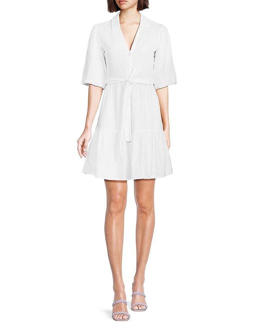 Saks Fifth Avenue White Belted 100% Linen Mini Dress