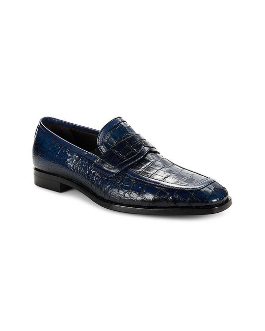 Jo Ghost Blue Croc Embossed Leather Penny Loafers for men
