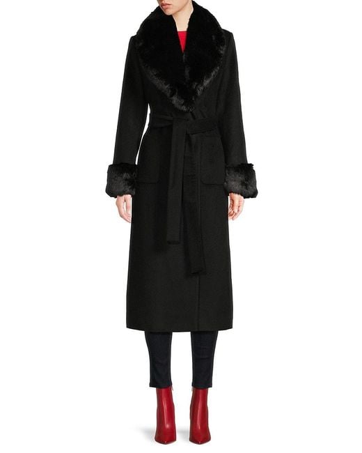 Via Spiga Tie-Waist Faux Fur Trim Wool-Blend Trench Coat in Black