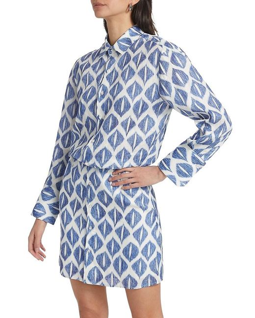 If Only Studio Blue Ikat-Inspired Printed Linen Shirtdress