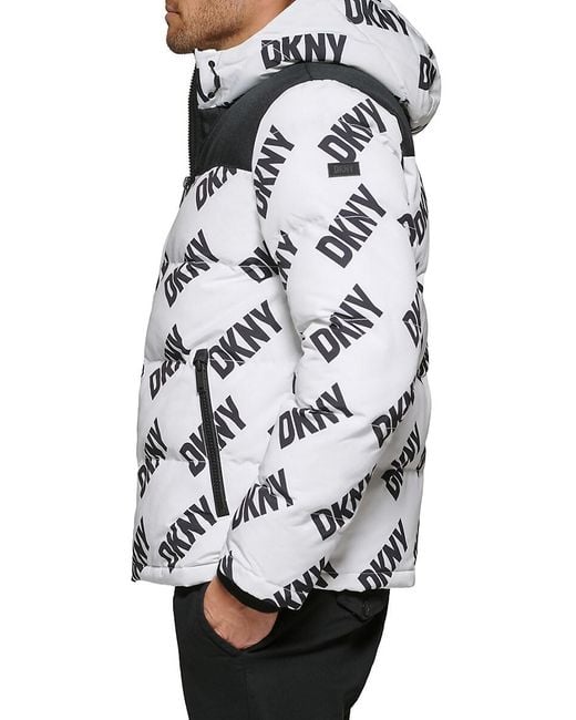 DKNY White Classic Fit Logo Hooded Puffer Jacket for men