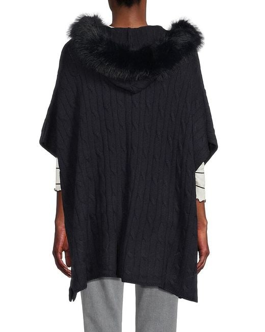 Saks Fifth Avenue White Wool Blend Faux Fur Trim Hooded Poncho