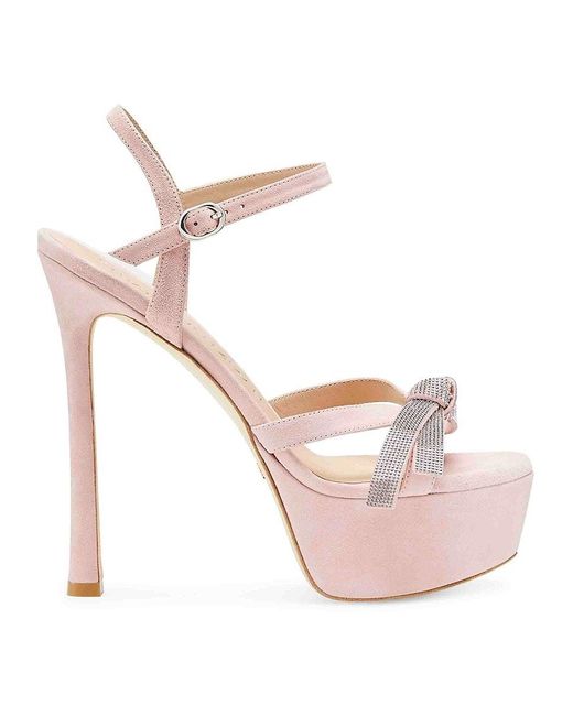 Stuart Weitzman Pink Mega Crystal Bow Goat Suede Platform Sandals