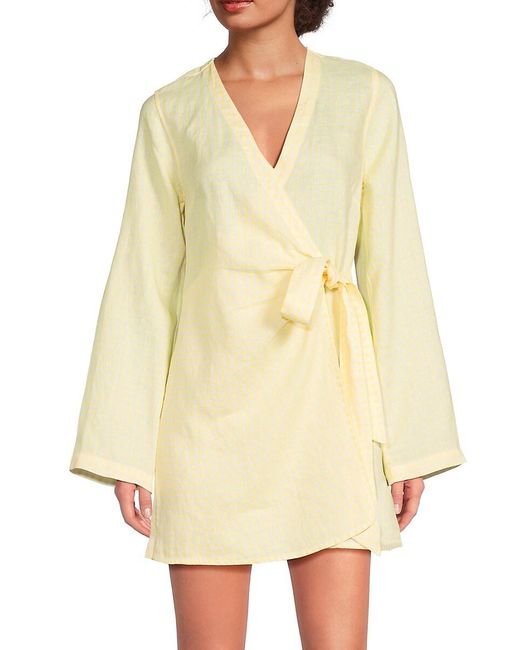 Saks Fifth Avenue Yellow Gingham 100% Linen Wrap Minidress