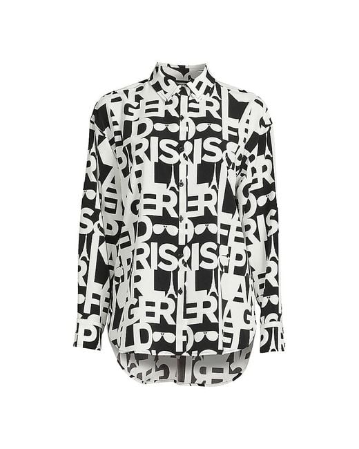 Karl Lagerfeld Logo Print High Low Button Down Shirt in White