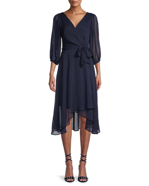 DKNY Synthetic Belted Faux Wrap Dress in Navy (Blue) | Lyst