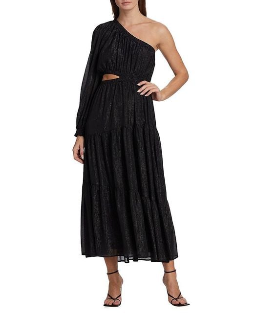Moon River Black Shirred One-Shoulder Midi-Dress