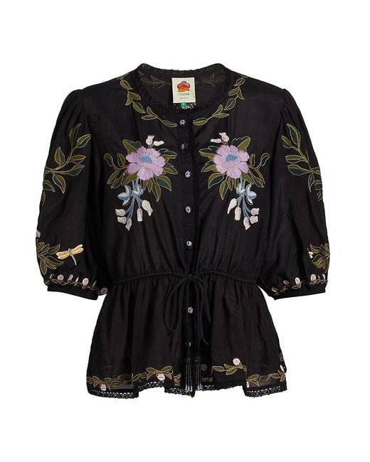 Farm Rio Black Winter Garden Embroidered Top