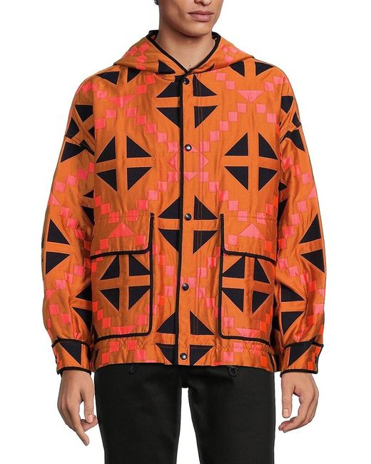Valentino Orange Geometric Silk Blend Hoodie for men