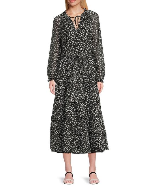 Saks Fifth Avenue Black Floral Belted Midaxi Dress