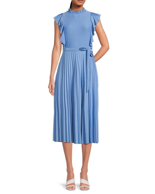 Sharagano Blue Pleated & Belted Midaxi Dress