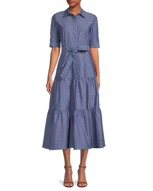 Calvin Klein Belted Chambray Tiered Shirtdress in Blue | Lyst