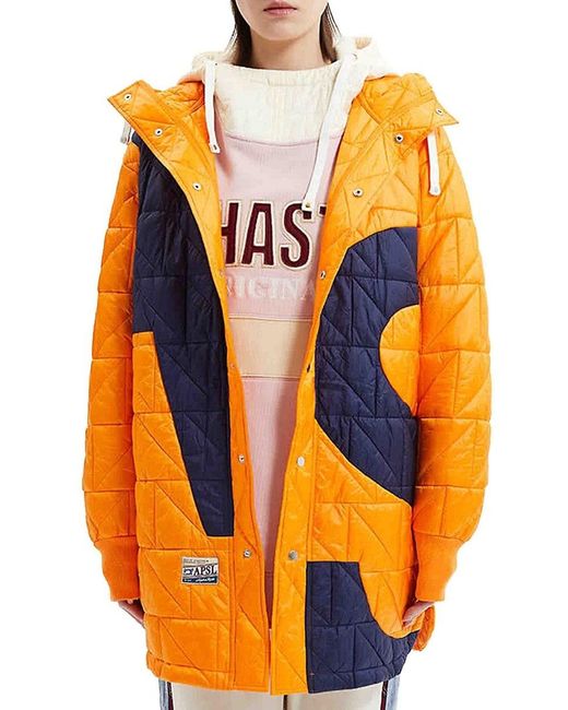 Alpha Style Orange Joy Quilted Puffer Hooded Longline Jacket for men