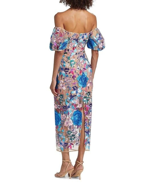 MILLY Blue Nira Floral Embroidered Off-The-Shoulder Midi-Dress
