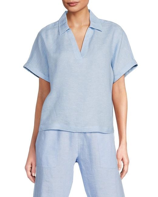 Saks Fifth Avenue Blue 100% Linen Relaxed Fit Boxy Top