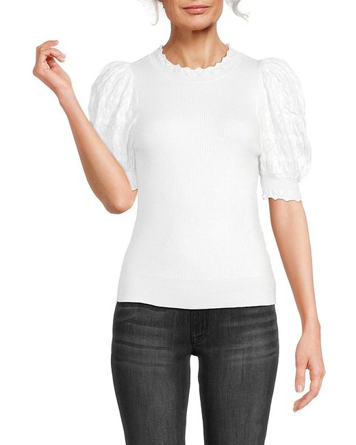 Design History White Rib-Knit Puff-Sleeve Top
