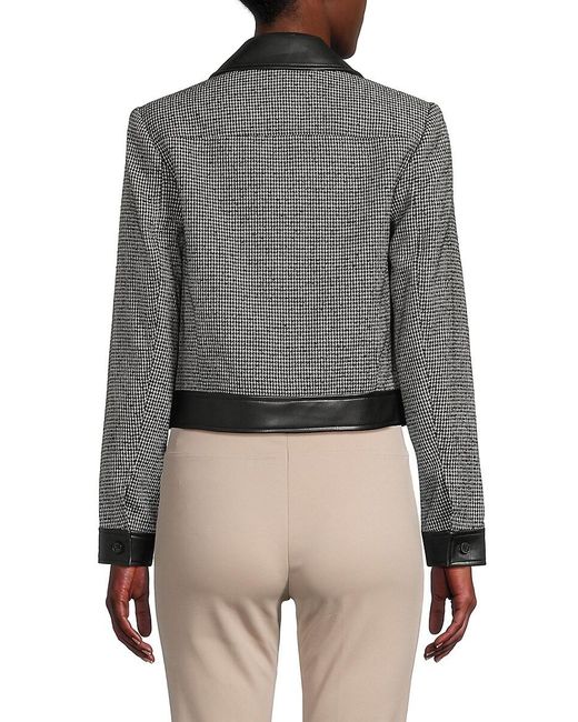 DKNY Gray Houndstooth Faux Leather Trim Jacket