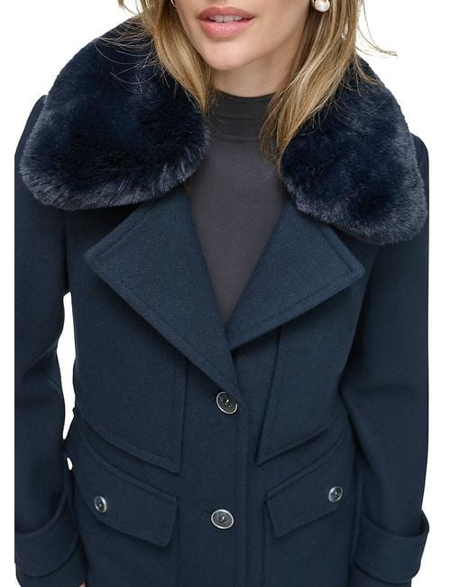 Olpae Faux Fur Collar Wool Blend Trench Coat