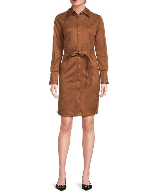 Halston Heritage Brown Scuba-Suede Button-Front Shirtdress
