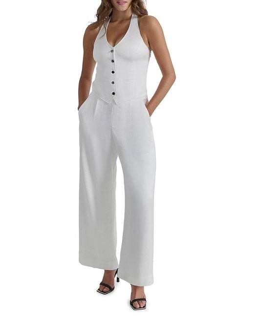 DKNY White Sleeveless Tuxedo Jumpsuit