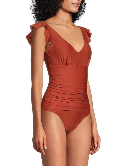 DKNY Red One-piece Ruched Ruffle Trim Swimsuit