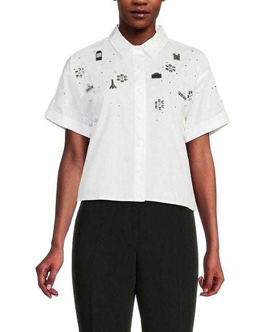 Karl Lagerfeld White Crop Poplin Embellished Shirt