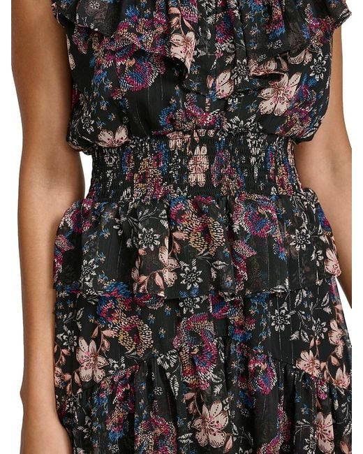 Kensie Black Ruffle Floral High-Low Midi-Dress