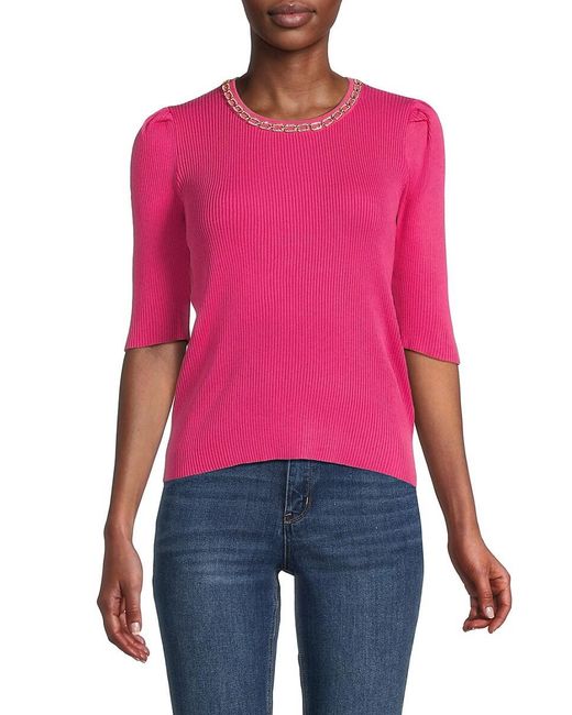 Nanette Lepore Red Jewelneck Ribbed Sweater