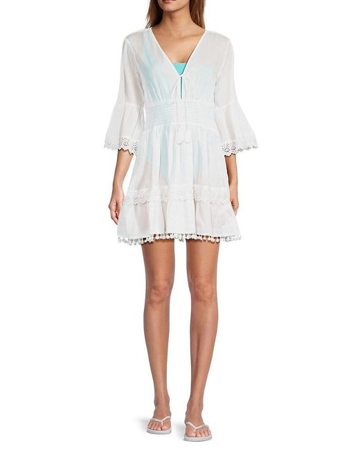 Dotti White Lace Trim Smocked Mini Cover Up Dress