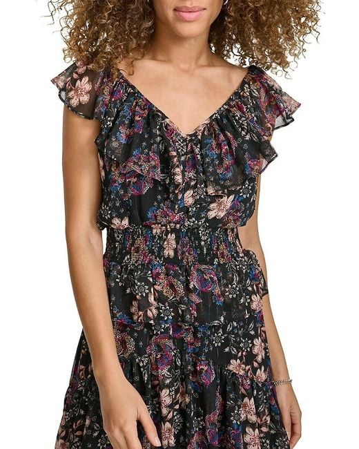 Kensie Black Ruffle Floral High-Low Midi-Dress