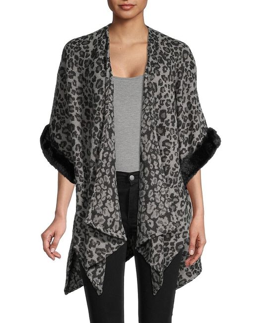 Vince Camuto Leaopardprint Faux Furtrim Ruana in Grey (Gray) Lyst