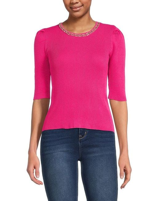 Nanette Lepore Pink Chain Ribbed Sweater