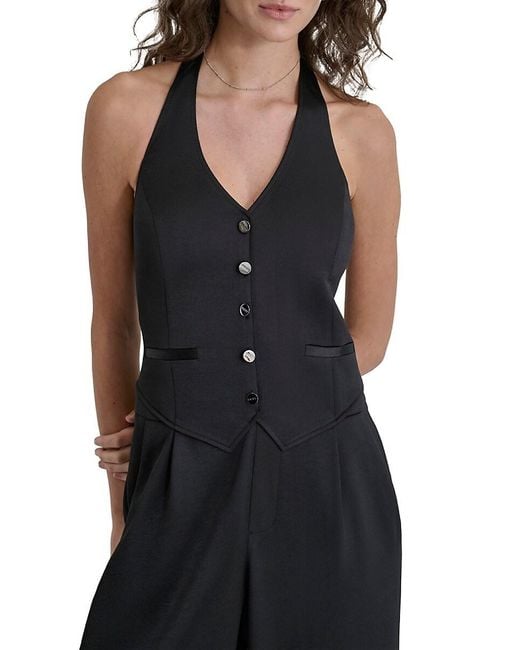 DKNY White Sleeveless Tuxedo Jumpsuit