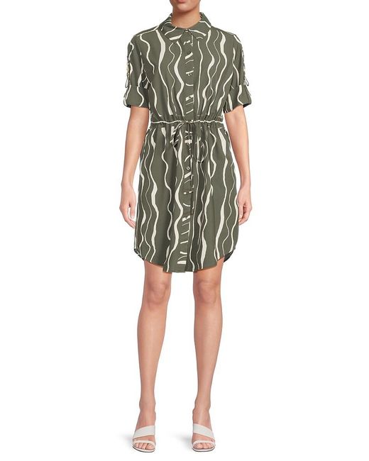 Halston Heritage Green Printed Cinched Mini Shirtdress