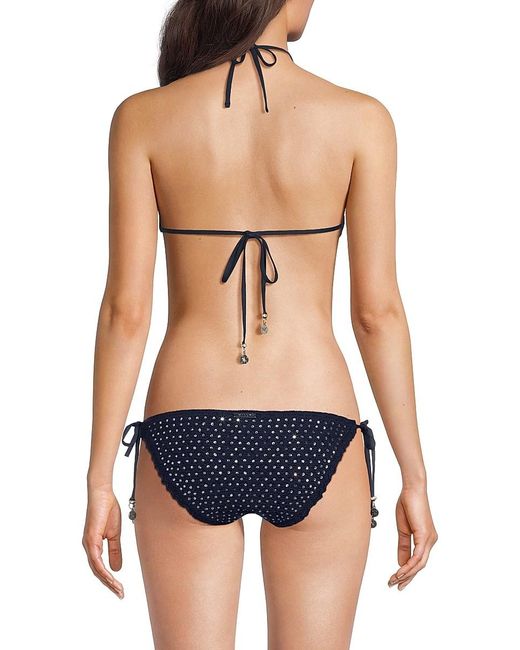 MILLY Blue Crystal Studded Halter-Neck Crochet Bikini Top