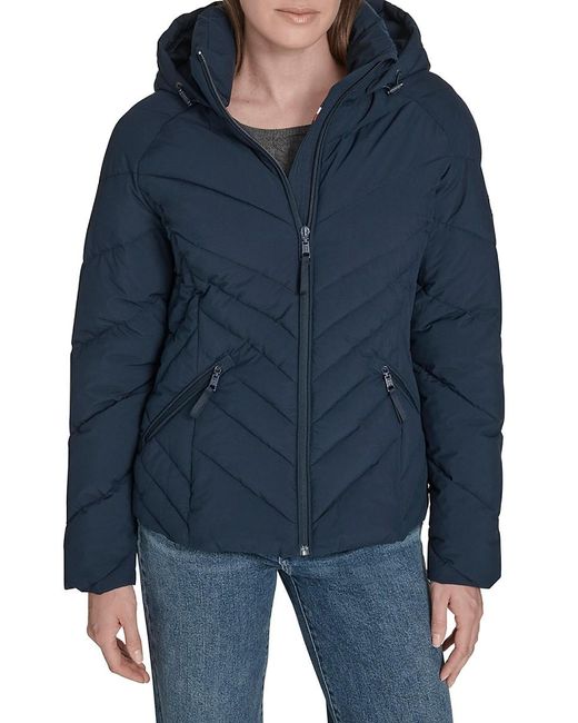 Tommy Hilfiger Blue Chevron-Quilted Hooded Puffer Jacket