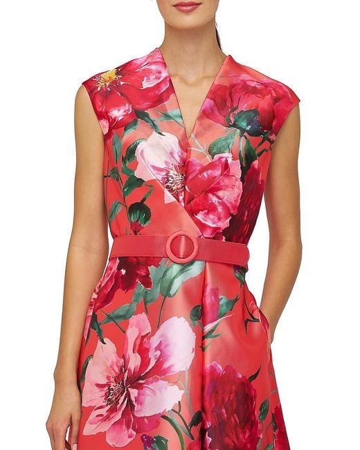 Kay Unger Red Rosemund Floral Mikado Midi-Dress