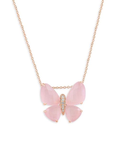 Effy Pink 14K Rose, Quartz & Diamond Butterfly Pendant Necklace