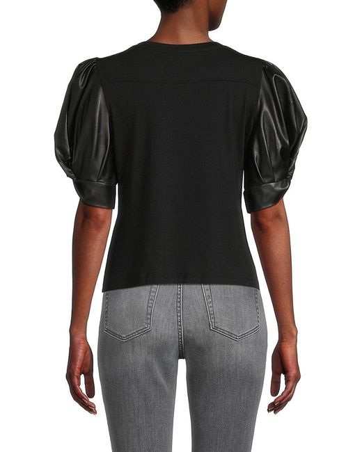St. John Dkny Faux Leather Puff Sleeve Top in Black Lyst