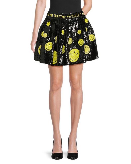 Alice + Olivia Yellow Fizer Smiley Sequin Graphic Miniskirt