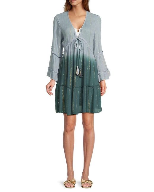 La Moda Clothing Green Metallic Trim Ombré Cover-Up Minidress