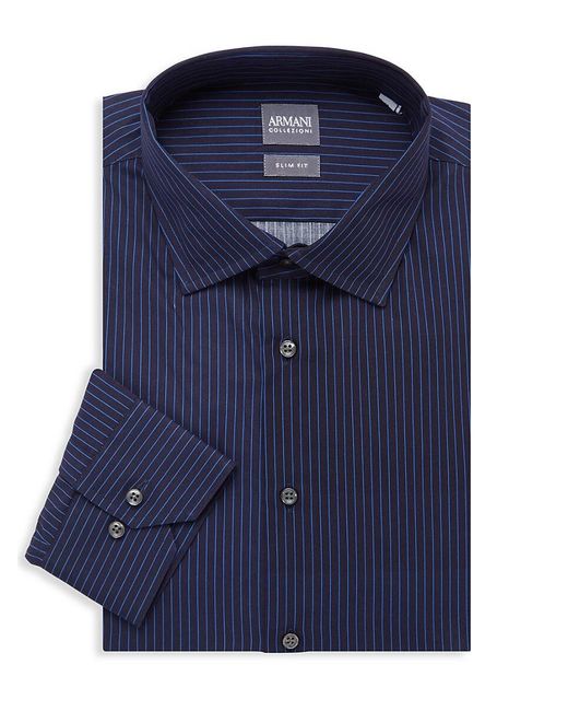 Armani Blue Slim-fit Pinstripe Dress Shirt for men