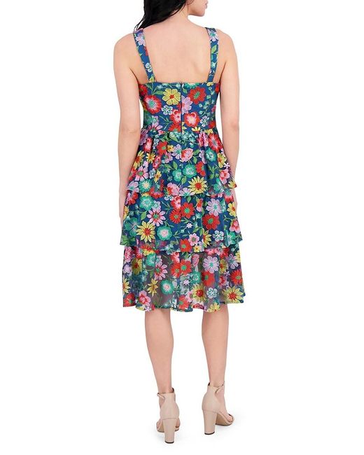 Kensie Blue Floral Embroidery Tiered Fit-&-Flare Midi-Dress