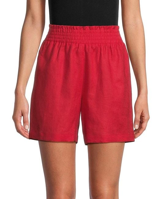 Saks Fifth Avenue Red Smocked Waist 100% Linen Shorts
