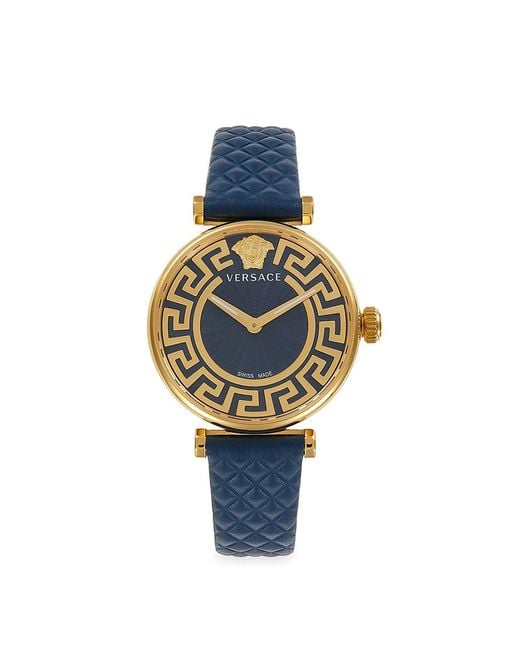 Versace Blue Greca Chic 35Mm Ip Goldtone Stainless Steel & Leather Strap Watch