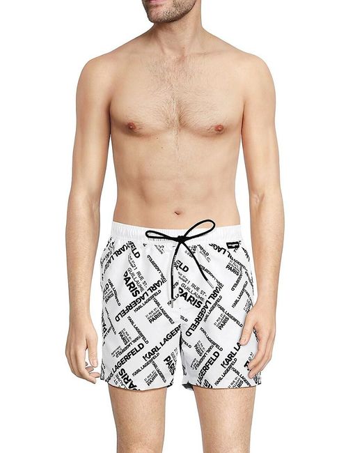 Karl Lagerfeld White Monogram Print Drawstring Shorts for men