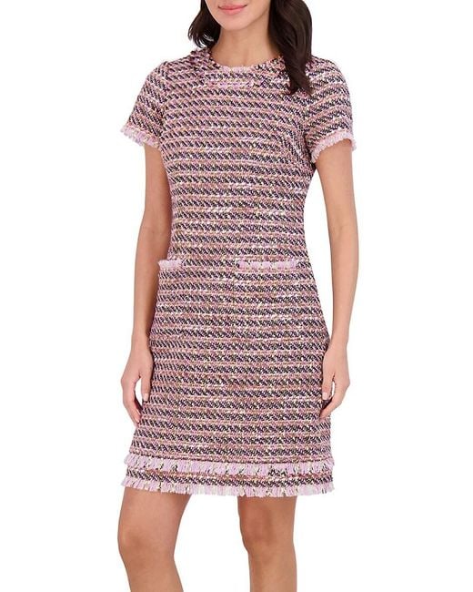 Eliza J Red Bouclé Shift Dress With Fringe Detail