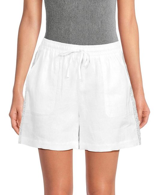 Saks Fifth Avenue White 100% Linen Sequin-Side Drawstring Shorts