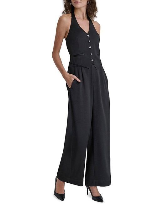 DKNY White Sleeveless Tuxedo Jumpsuit