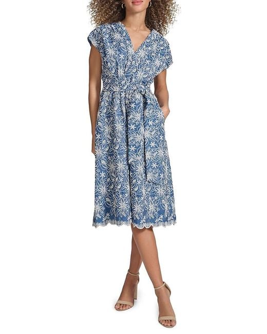 Kensie Blue Faux-wrap Embroidered Chambray Midi-dress